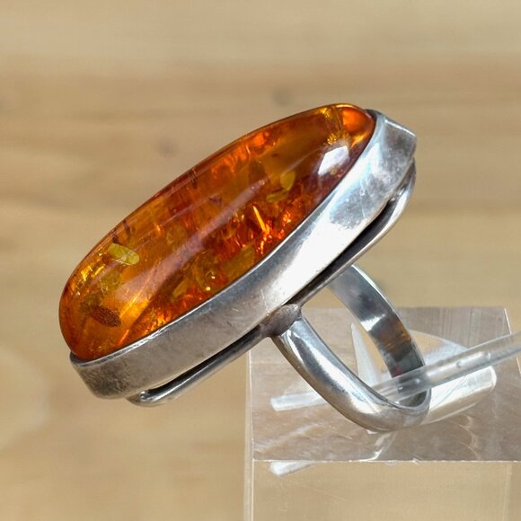 Large Amber & Sterling Silver Statement Ring Artisan Handmade Size 8 - Picture 6 of 16